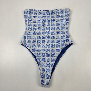Elysiian Swim Swimsuit Womens Medium Blue White High Waist Nautical Floral Print